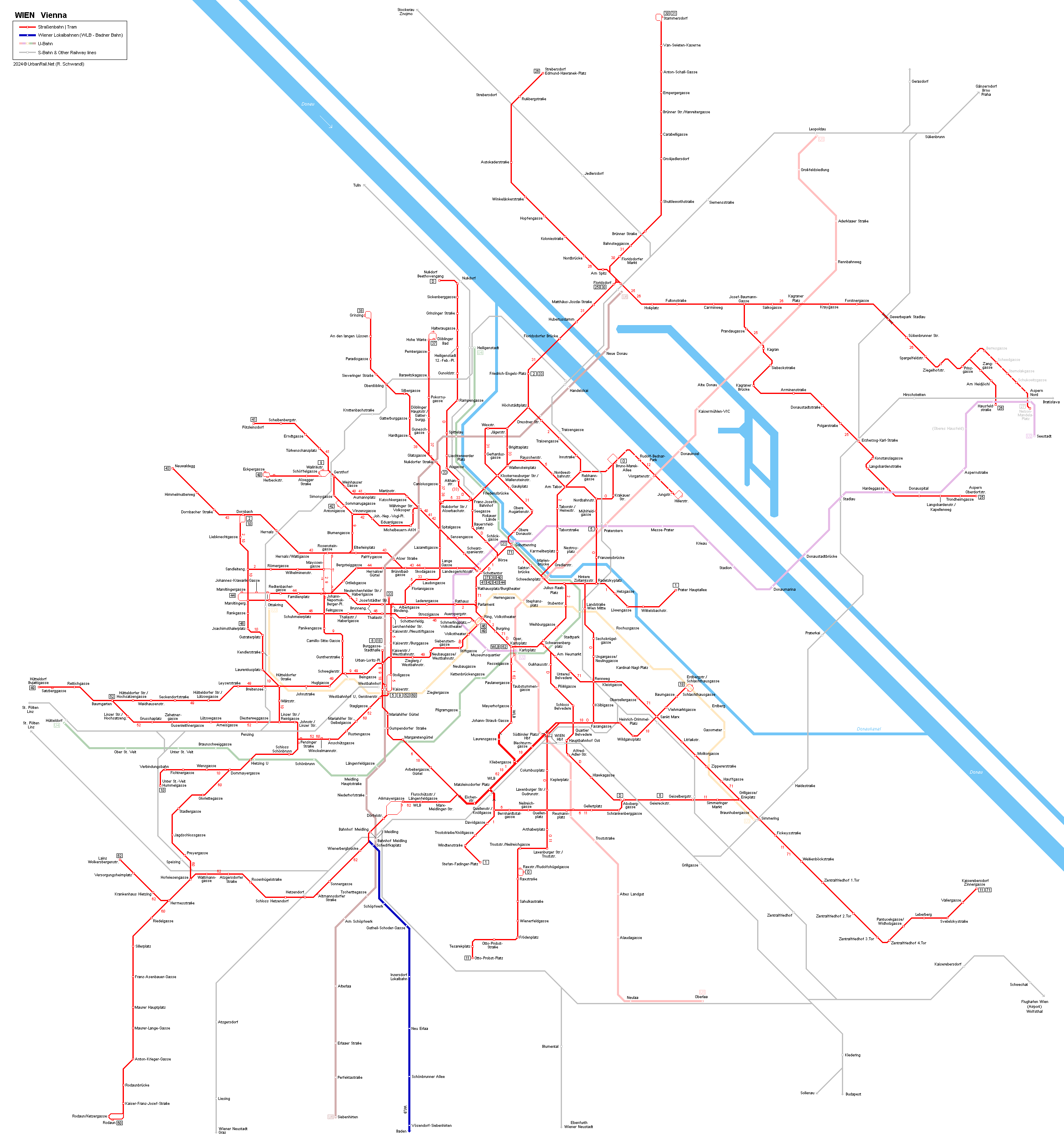 Vienna Tram Map - Wiener Straßenbahn Netzplan © UrbanRail.Net